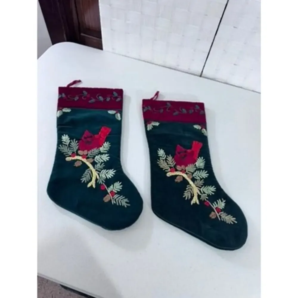 Set OF 2, Cardinal,‎ Velvet Stockings,Embroidered,Ribbons, Christmas,Decor